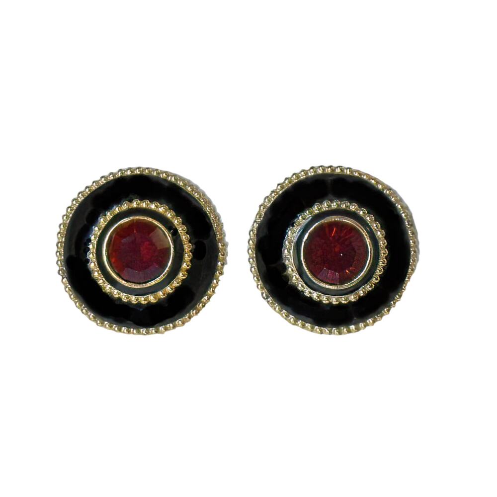 1980s Gold Plate Black Enamel Red Crystal Round Designer Statement Clip Earrings